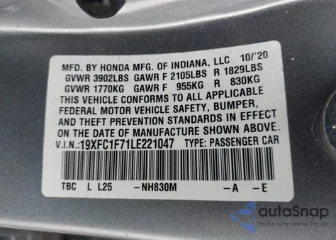 2020 Honda Civic Ex-L from USA, damaged, VIN 19XFC1F71LE221047